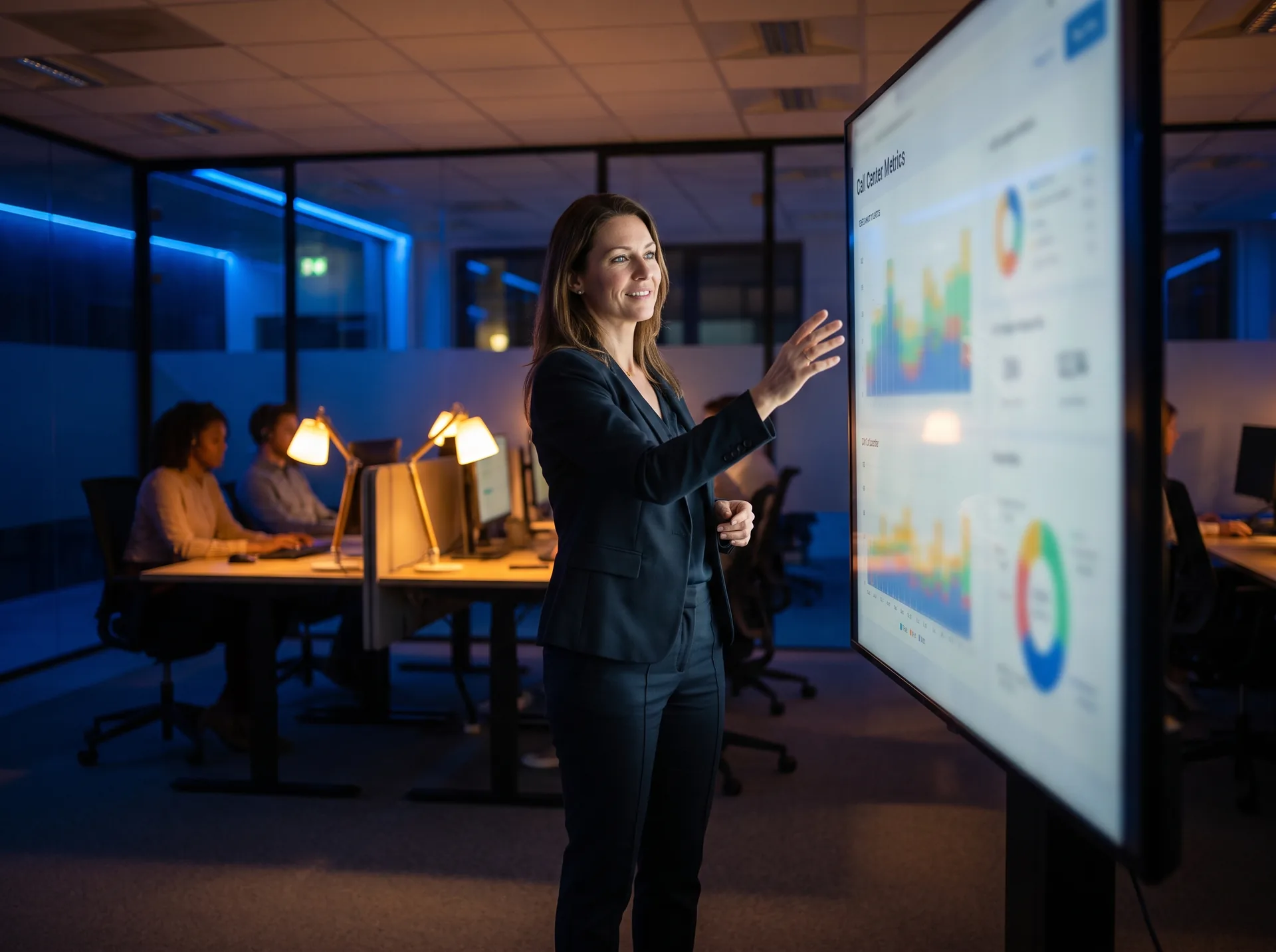 A team lead reviewing a live call analytics dashboard